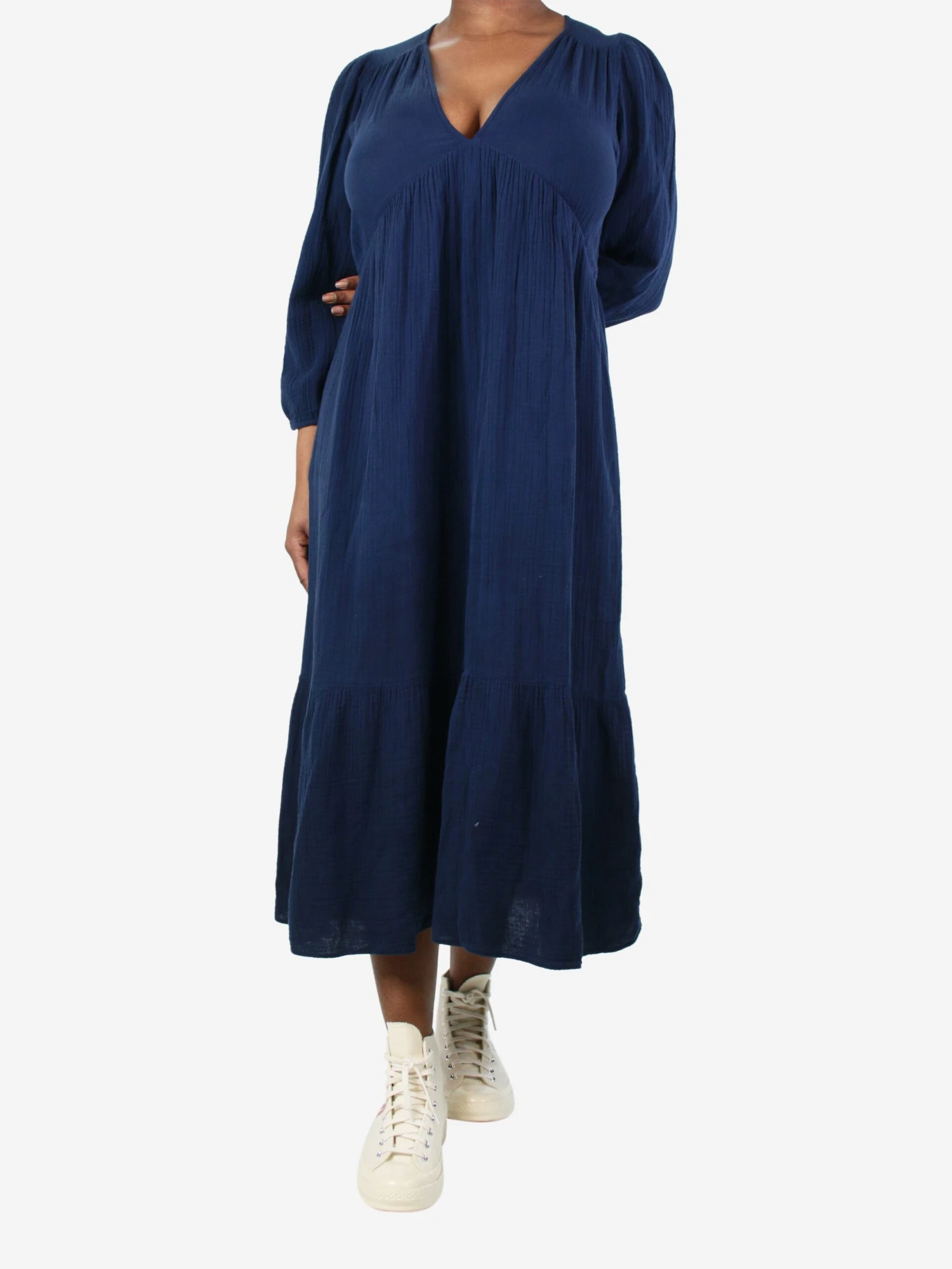 Navy Blue Cotton V-neck Dress - Size L 5 Navy Blue Cotton V-neck Dress - Size L - Image 3