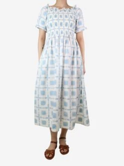 Light Blue Smocked Printed Dress - Size S -The Dress Suite IMG 0150 5a18ec19 668d 4f25 9992 5d920287e6ec