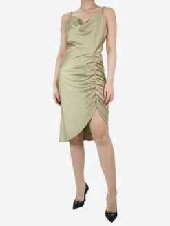 SAMSØE SAMSØE Green Ruched Satin Strap Dress - Size S
