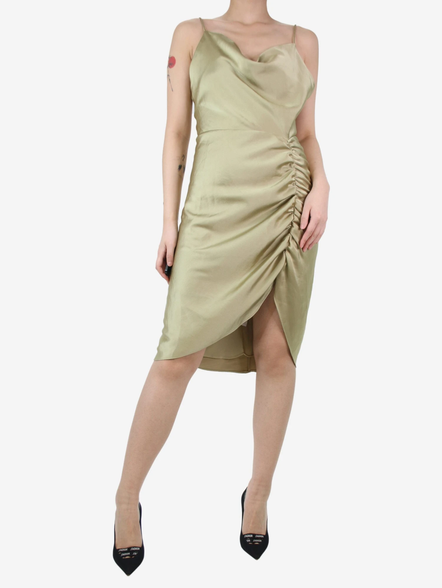 SAMSØE SAMSØE Green Ruched Satin Strap Dress - Size S 5 SAMSØE SAMSØE Green Ruched Satin Strap Dress - Size S - Image 3