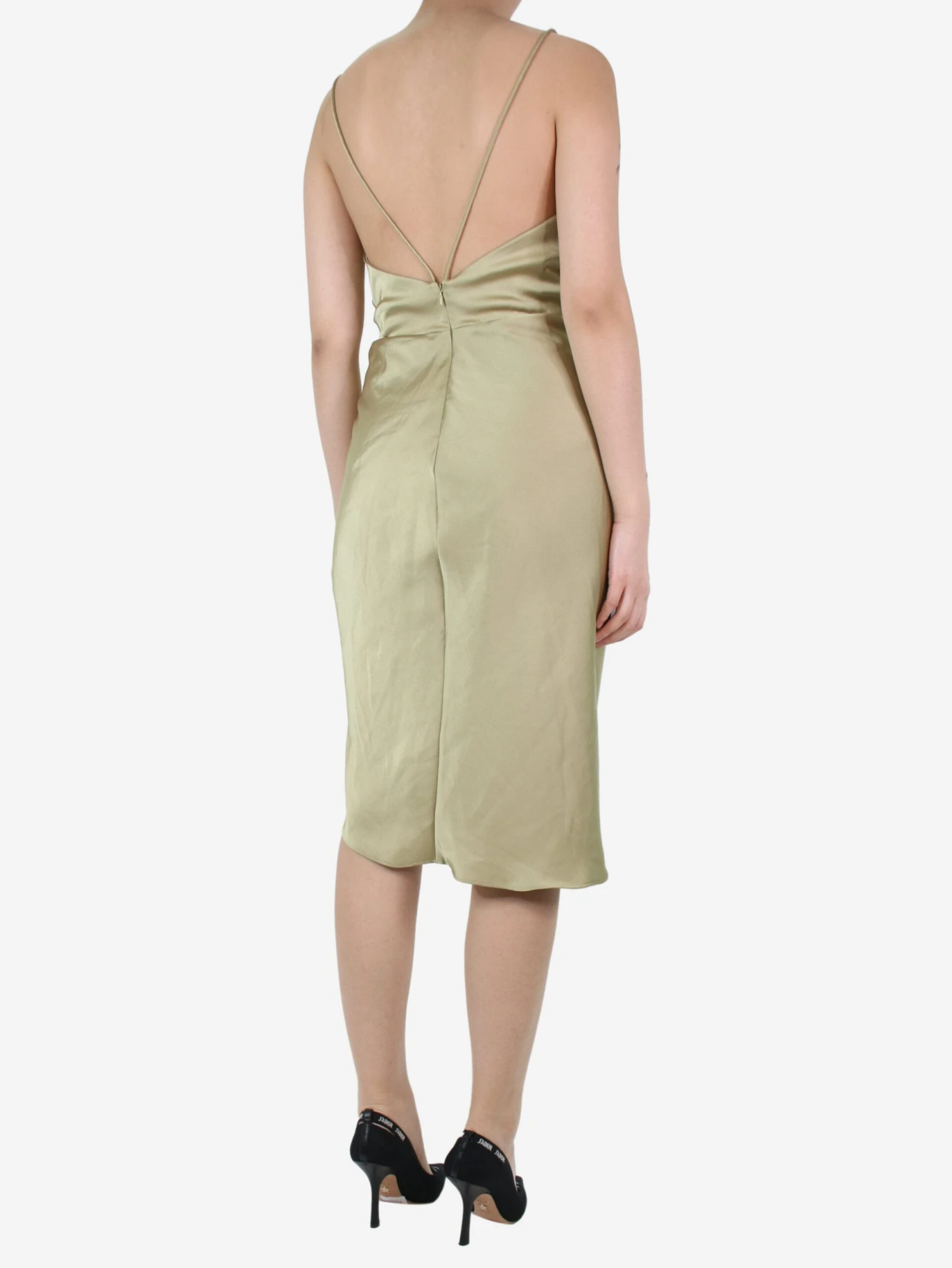 SAMSØE SAMSØE Green Ruched Satin Strap Dress - Size S 4 SAMSØE SAMSØE Green Ruched Satin Strap Dress - Size S - Image 2