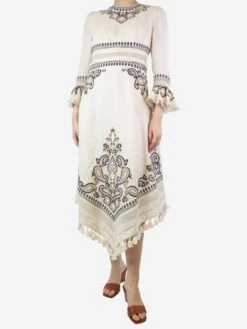 Zimmermann Cream Embroidered Linen Midi Dress - Size UK 10