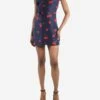 Navy Blue Cherry Printed Mini Dress And Scarf Set - Size S