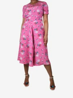 Pink Short-sleeved Floral Printed Dress - Size UK 14