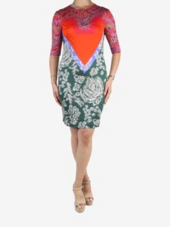 Multicolour Printed Bodycon Silk Midi Dress - Size UK 10