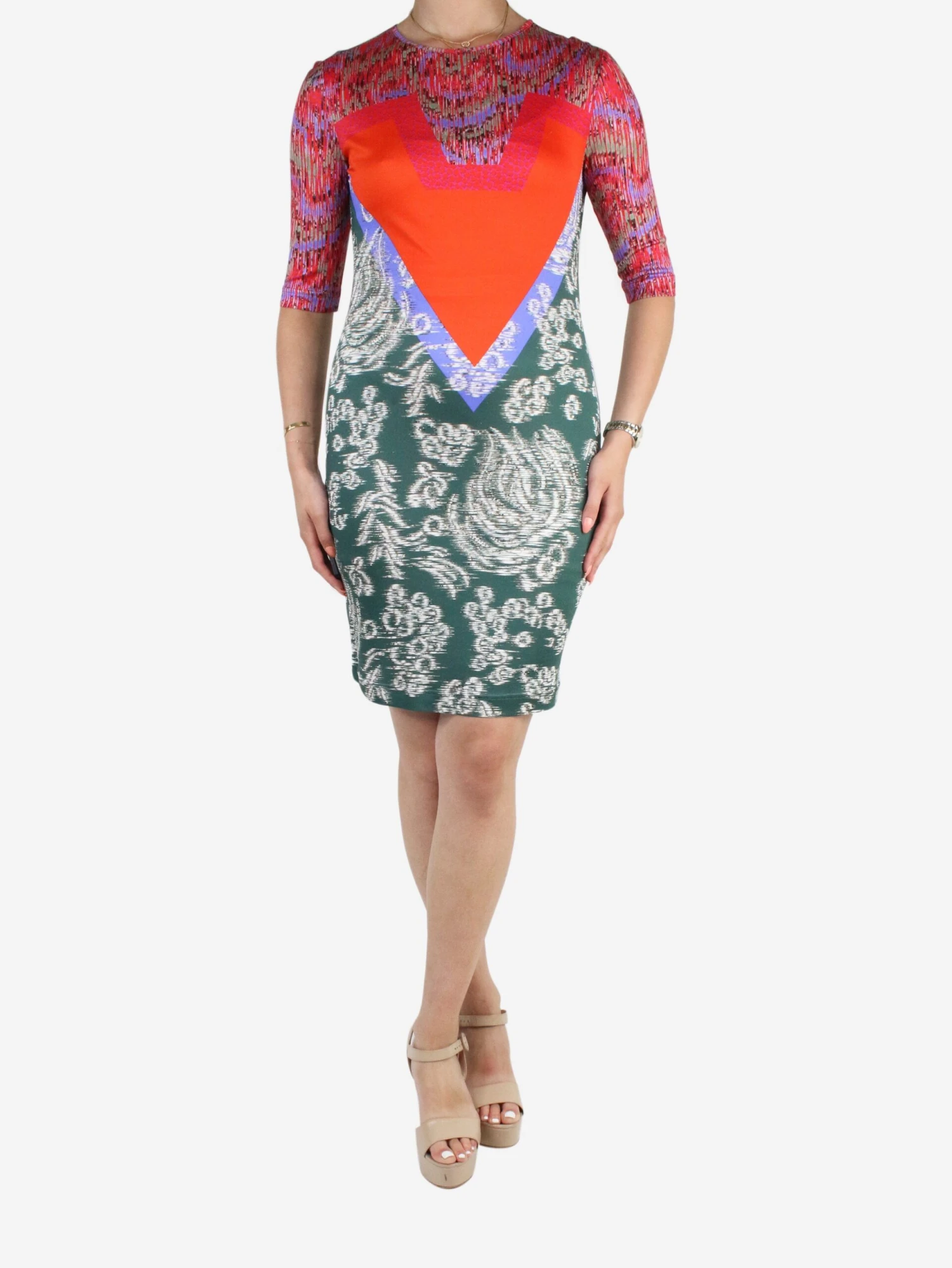 Multicolour Printed Bodycon Silk Midi Dress - Size UK 10 3 Multicolour Printed Bodycon Silk Midi Dress - Size UK 10