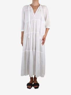 White Cotton Tie-neck Midi Dress - Size S