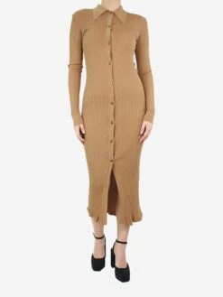 Camel Ribbed Collar Knit Dress - Size UK 12