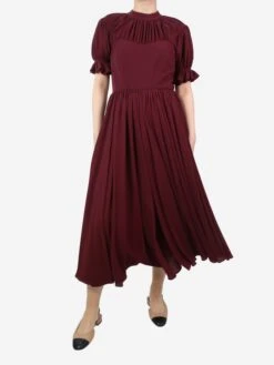 Burgundy Short-sleeved Gathered Midi Dress - Size UK 10