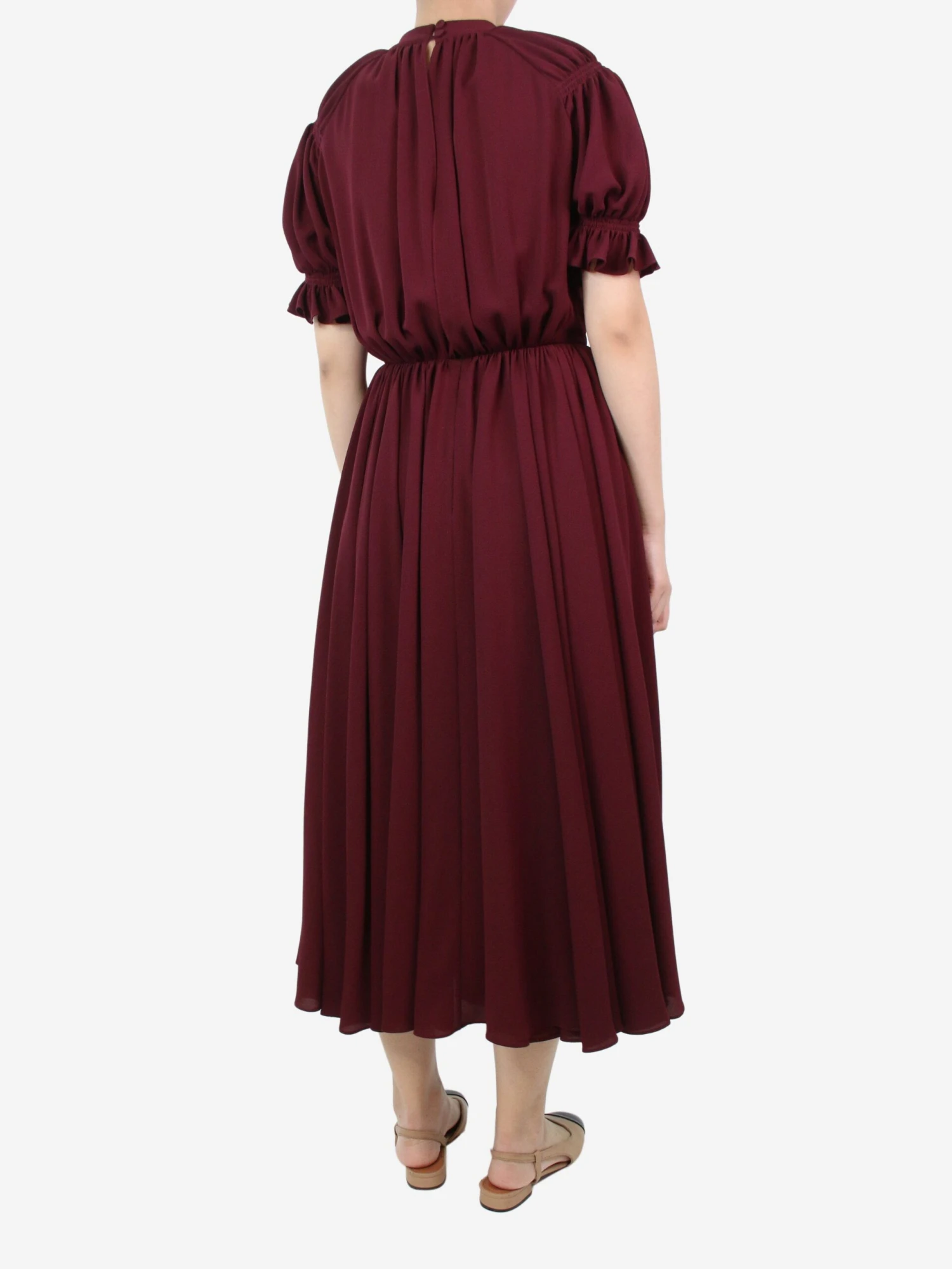 Burgundy Short-sleeved Gathered Midi Dress - Size UK 10 4 Burgundy Short-sleeved Gathered Midi Dress - Size UK 10 - Image 2