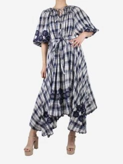 Blue Check Embroidered Dress - Size S