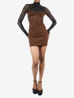 Mugler Brown Sheer High-neck Dress - Size UK 4