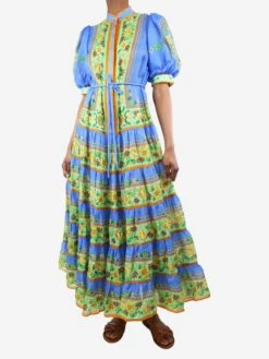 Blue Puff-sleeved Floral Printed Tiered Midi Dress - Size UK 6