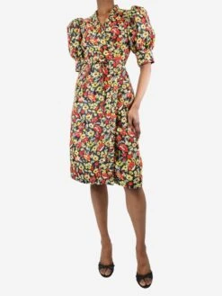 Ganni Multi Puff-sleeved Floral-printed Midi Dress - Size UK 6