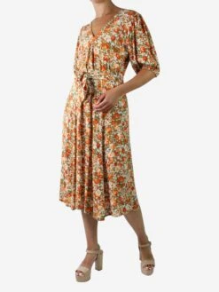 Faithfull The Brand Orange Floral Printed Midi Dress - Size US 8