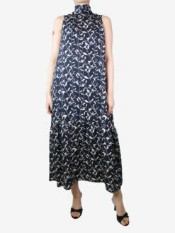 Navy Blue Silk Sleeveless Floral Dress - Size M