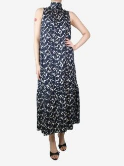 Navy Blue Silk Sleeveless Floral Dress - Size M -The Dress Suite IMG 5101 e2545f10 8cbe 450b 9662 8b5b0d1b68da