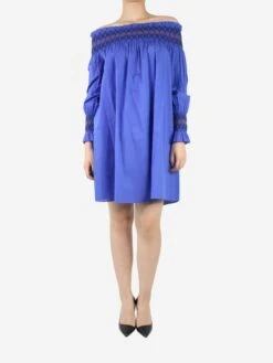 Maje Blue Off The Shoulder Shirred Mini Dress - Size UK 10