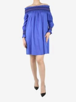 Maje Blue Off The Shoulder Shirred Mini Dress - Size UK 10 -The Dress Suite IMG 5175 bc9515cd 764e 4476 8557 a1957b4ee0c7