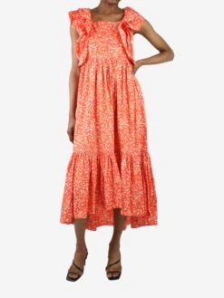ULLA JOHNSON Orange Sleeveless Printed Ruffle Midi Dress - Size US 2