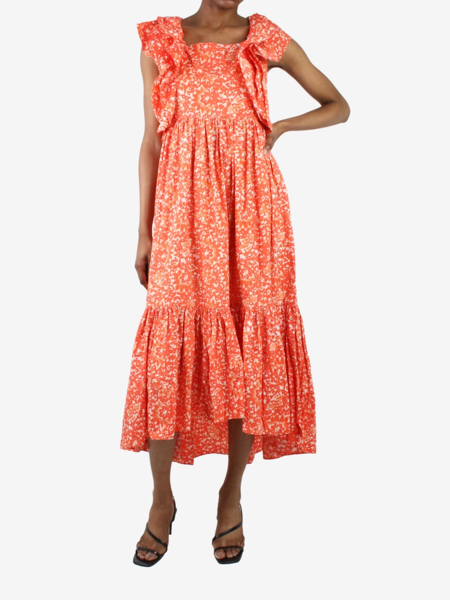 ULLA JOHNSON Orange Sleeveless Printed Ruffle Midi Dress - Size US 2 3 ULLA JOHNSON Orange Sleeveless Printed Ruffle Midi Dress - Size US 2