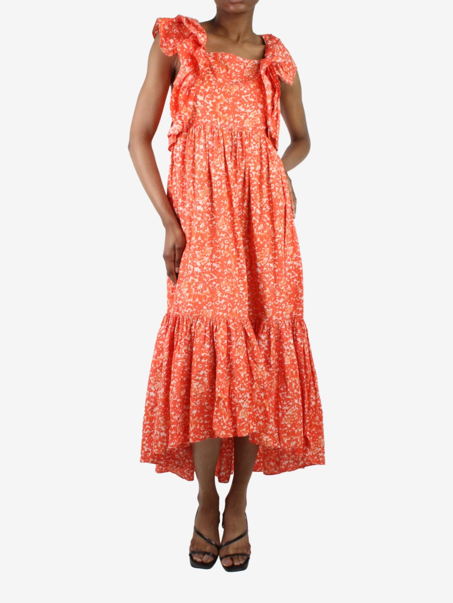 ULLA JOHNSON Orange Sleeveless Printed Ruffle Midi Dress - Size US 2 5 ULLA JOHNSON Orange Sleeveless Printed Ruffle Midi Dress - Size US 2 - Image 3