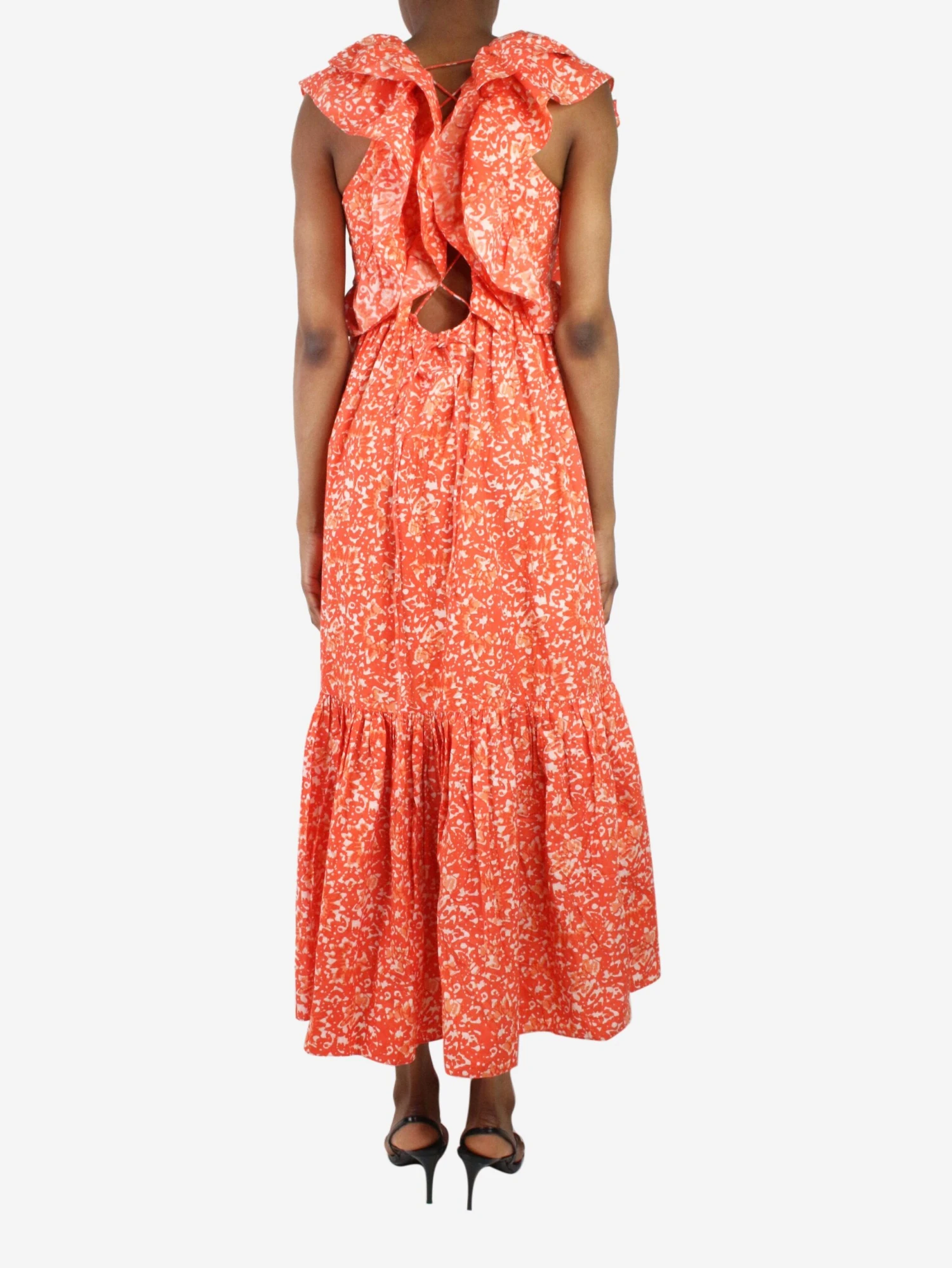 ULLA JOHNSON Orange Sleeveless Printed Ruffle Midi Dress - Size US 2 4 ULLA JOHNSON Orange Sleeveless Printed Ruffle Midi Dress - Size US 2 - Image 2