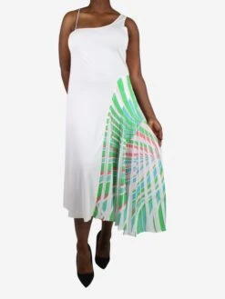 Emilio Pucci White Asymmetric Strap Pleated Midi Dress - Size UK 16