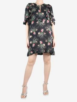 Black Flower Cloud Silk Ruffle Dress - Size UK 12