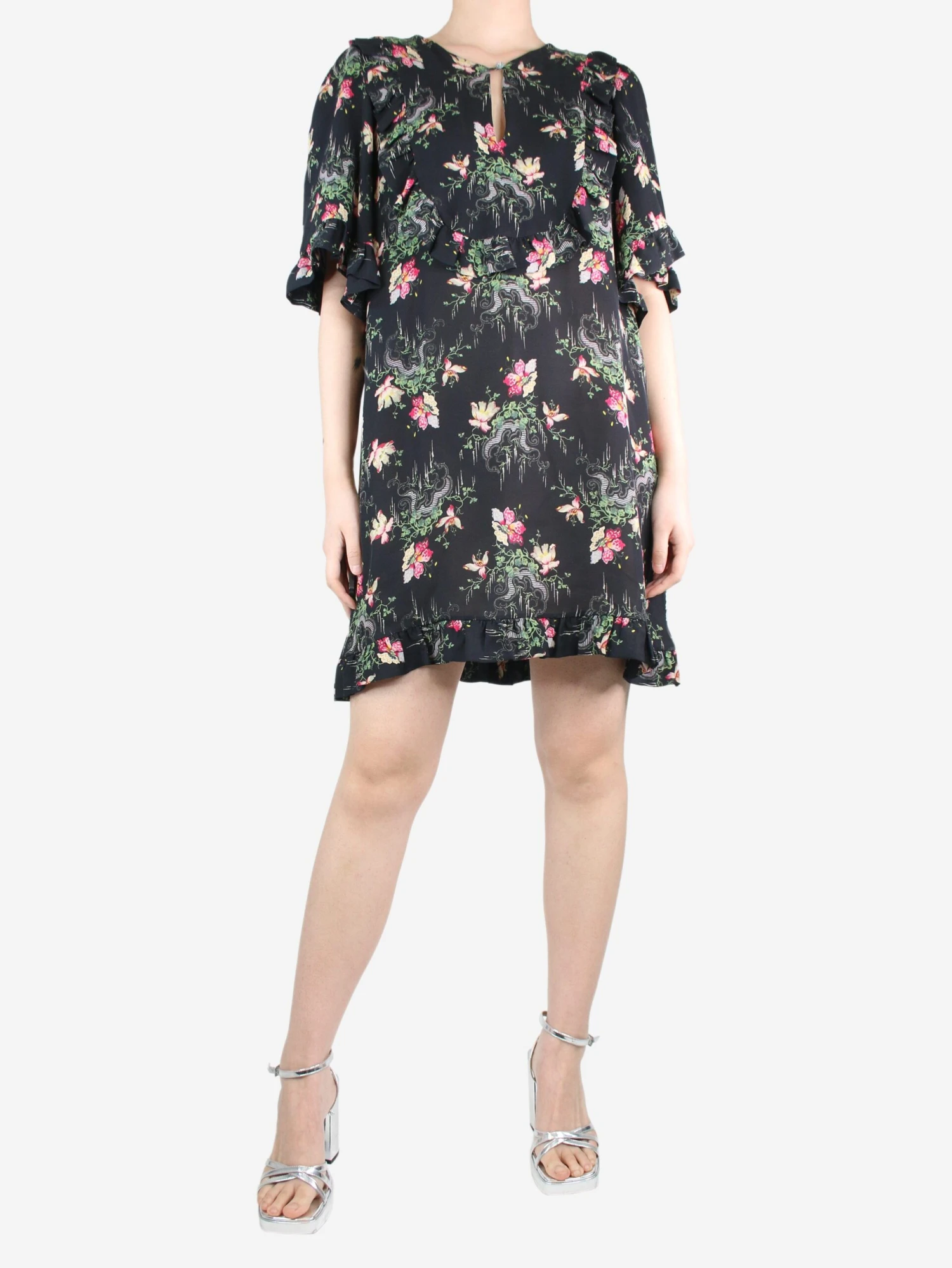 Black Flower Cloud Silk Ruffle Dress - Size UK 12 3 Black Flower Cloud Silk Ruffle Dress - Size UK 12
