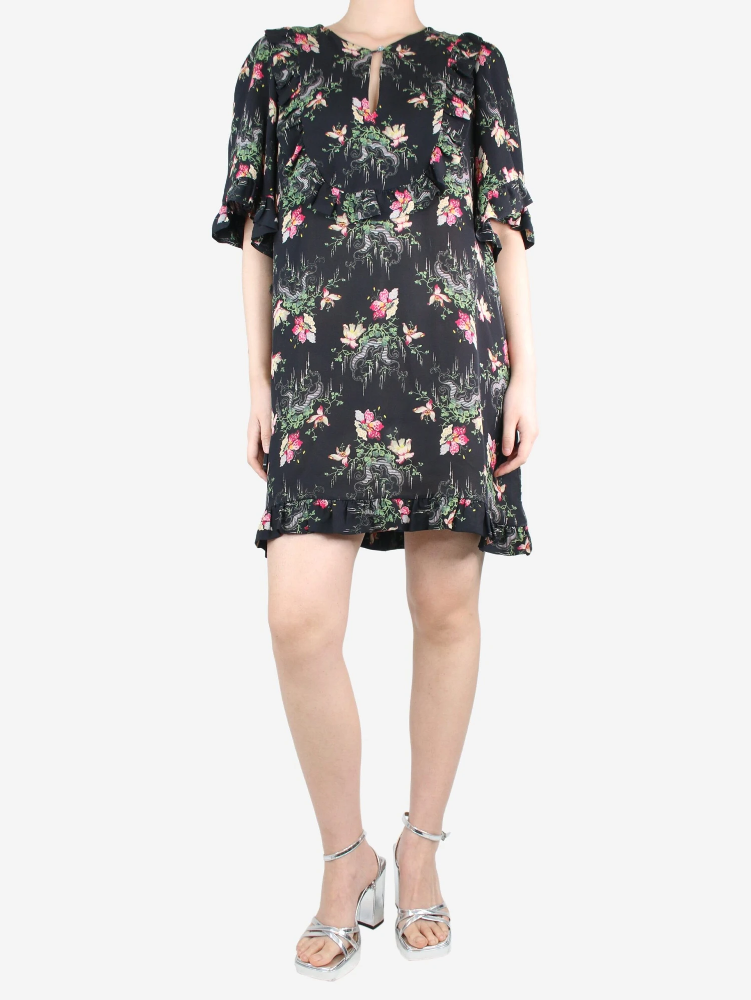 Black Flower Cloud Silk Ruffle Dress - Size UK 12 5 Black Flower Cloud Silk Ruffle Dress - Size UK 12 - Image 3