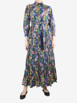 Dark Blue Belted Floral Printed Dress - Size UK 10