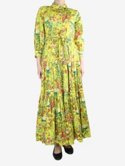 Yellow Belted Floral Printed Dress - Size UK 10