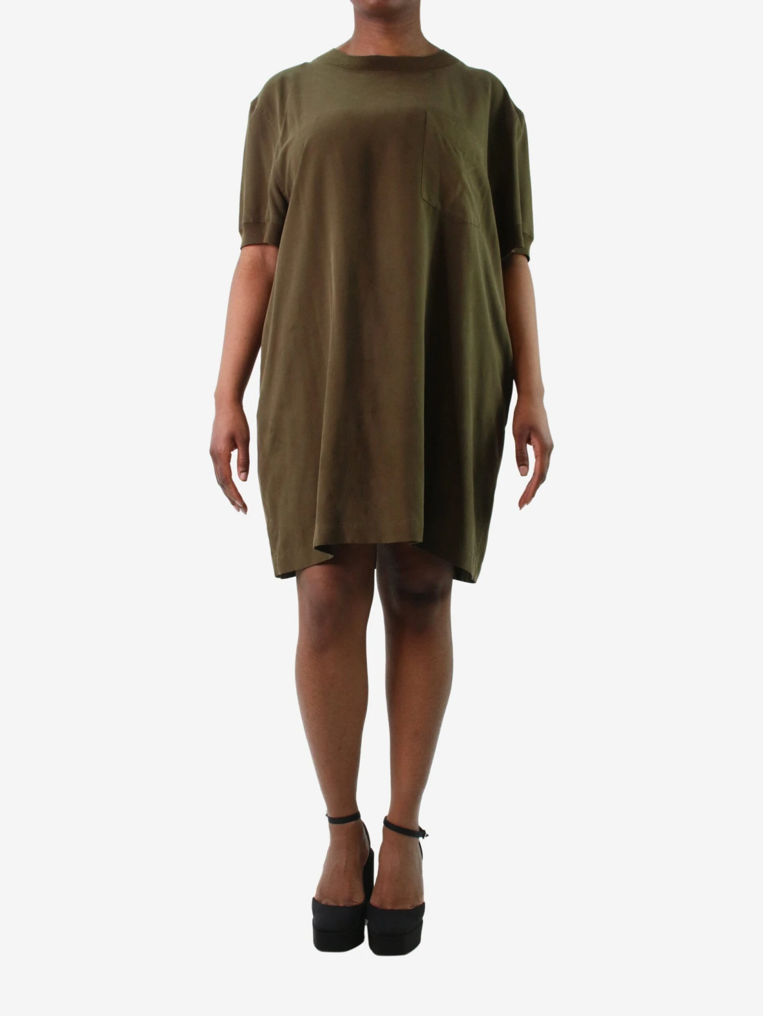 Khaki Short-sleeved Pocket Dress - Size UK 14 3 Khaki Short-sleeved Pocket Dress - Size UK 14