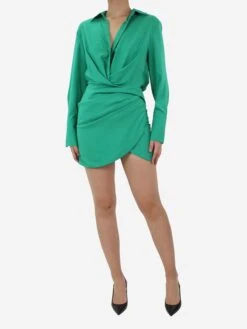 Green Draped Silk Mini Dress - Size S