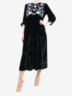 Black Velvet Embroidered Dress - Size M