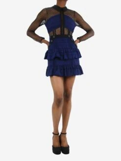 SELF PORTRAIT Blue And Black Embroidered Mini Dress - Size UK 8