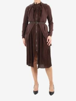Bottega Veneta Brown Pleated Midi Dress - Size UK 6