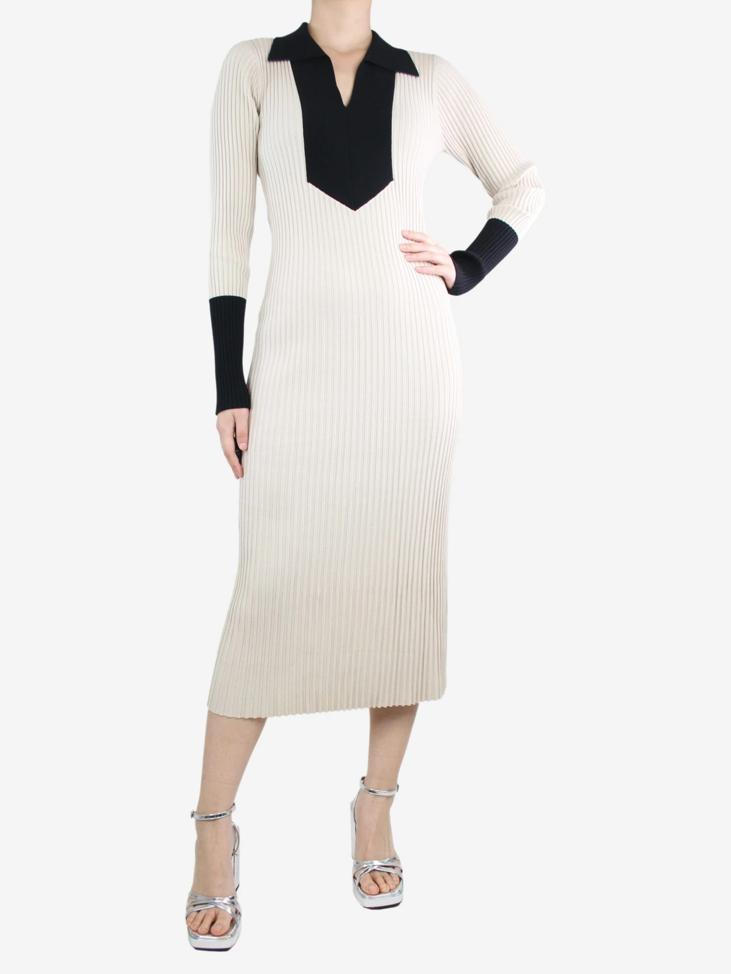 By Malene Birger Cream Ribbed Collared Midi Dress - Size M 5 By Malene Birger Cream Ribbed Collared Midi Dress - Size M - Image 3