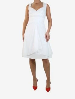 Celine White V-neckline Ruffle Trim Midi Dress - Size UK 12