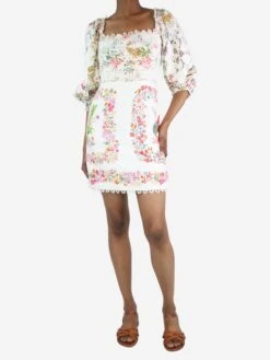 Farm Rio White Puff-sleeved Embroidered Floral Dress - Size XS
