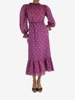 Purple Printed Midi Dress - Size UK 4