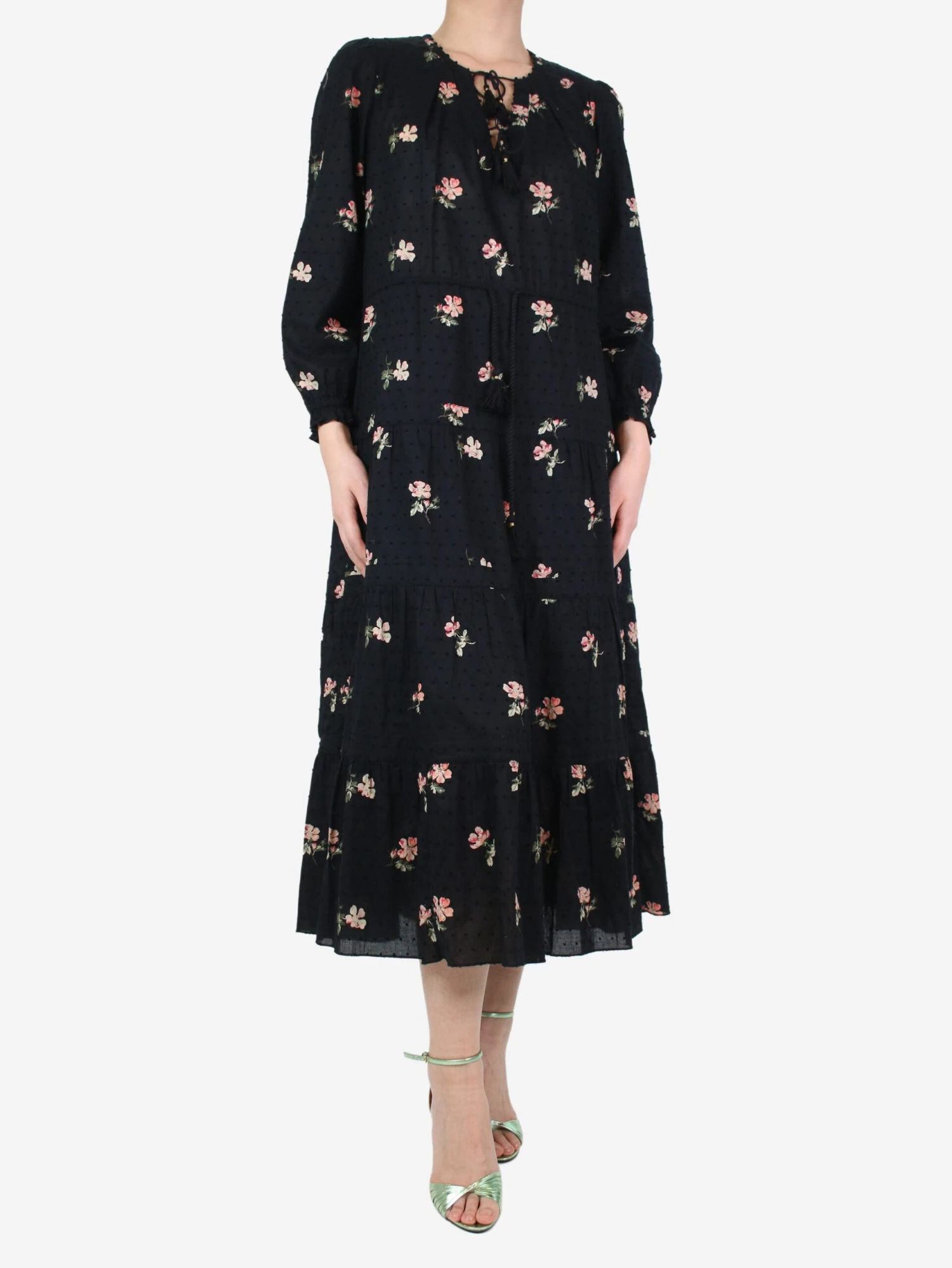 ULLA JOHNSON Black Floral Patterned Tiered Midi Dress - Size UK 12 5 ULLA JOHNSON Black Floral Patterned Tiered Midi Dress - Size UK 12 - Image 3