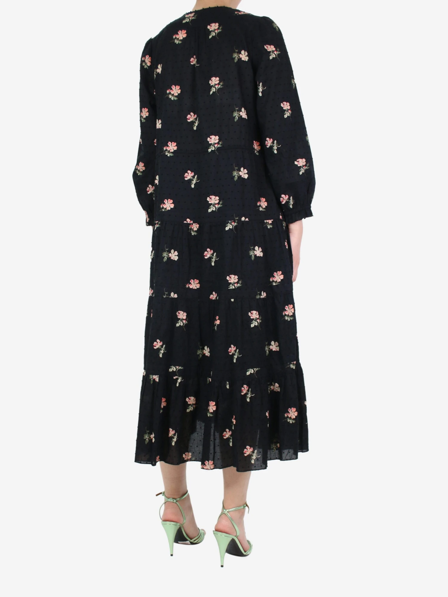 ULLA JOHNSON Black Floral Patterned Tiered Midi Dress - Size UK 12 4 ULLA JOHNSON Black Floral Patterned Tiered Midi Dress - Size UK 12 - Image 2