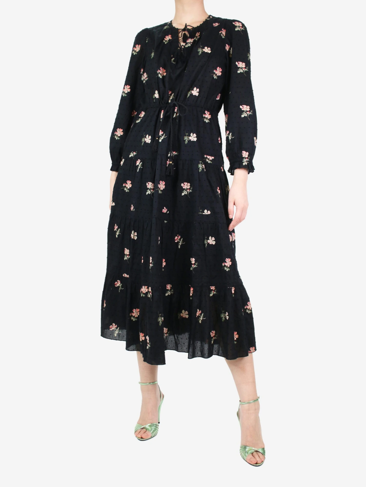 ULLA JOHNSON Black Floral Patterned Tiered Midi Dress - Size UK 12 3 ULLA JOHNSON Black Floral Patterned Tiered Midi Dress - Size UK 12