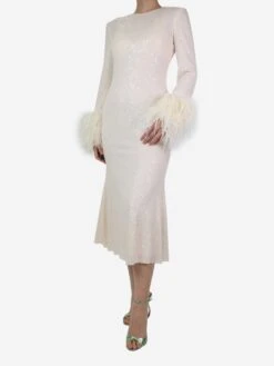 SELF PORTRAIT Cream Feather-trimmed Sequined Dress - Size UK 10