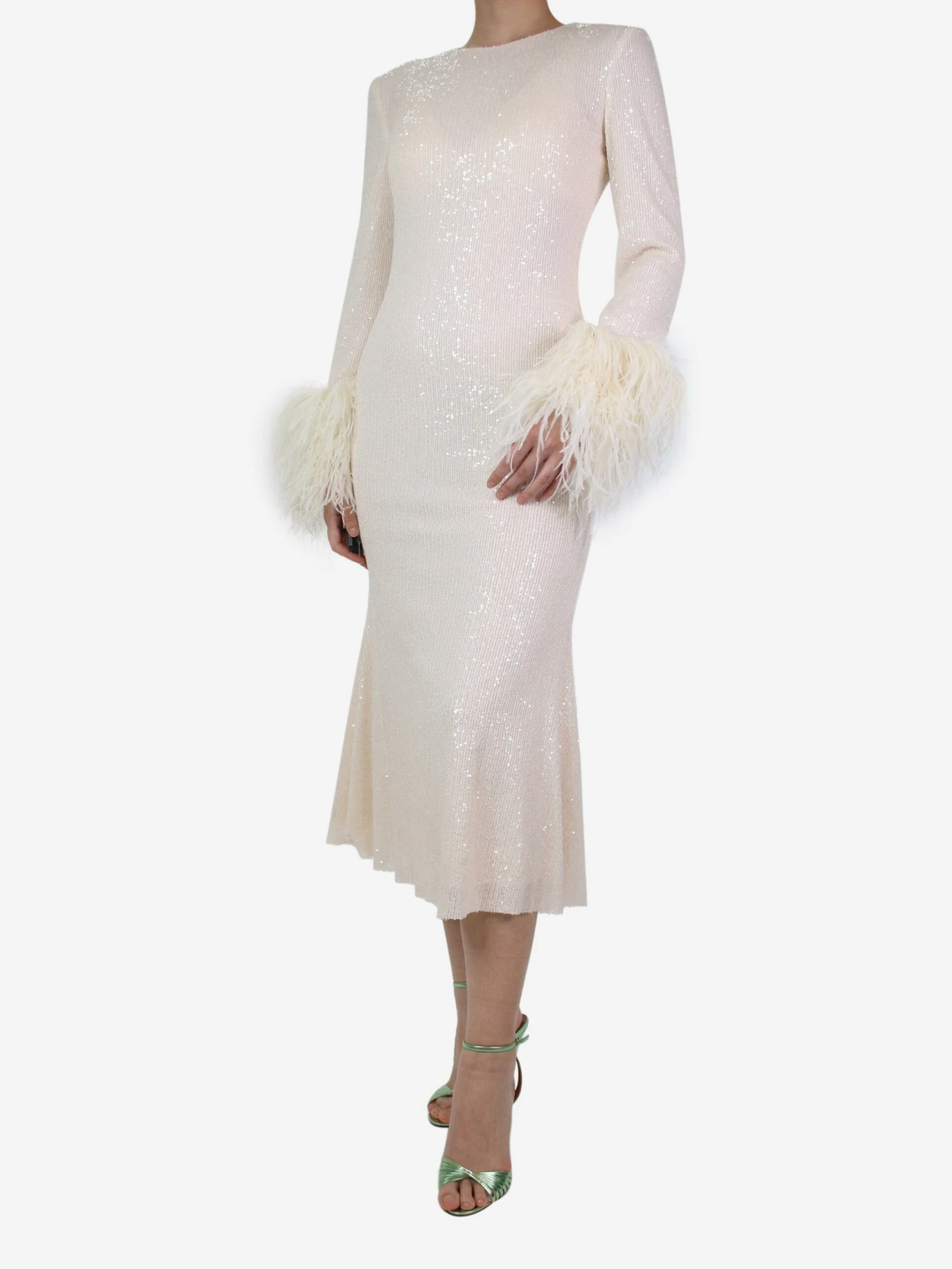 SELF PORTRAIT Cream Feather-trimmed Sequined Dress - Size UK 10 3 SELF PORTRAIT Cream Feather-trimmed Sequined Dress - Size UK 10