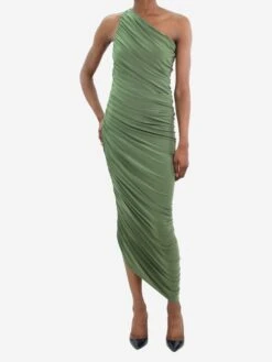 Norma Kamali Green One-shoulder Ruched Dress - Size XS