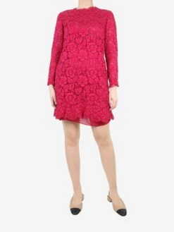 Valentino Magenta Floral Lace Ruffled Dress - Size UK 10