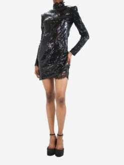 Black Sequin Lace-trimmed Dress - Size UK 10